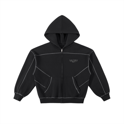 Contrast-Stitched Boxy Fleece Zip Hoodie